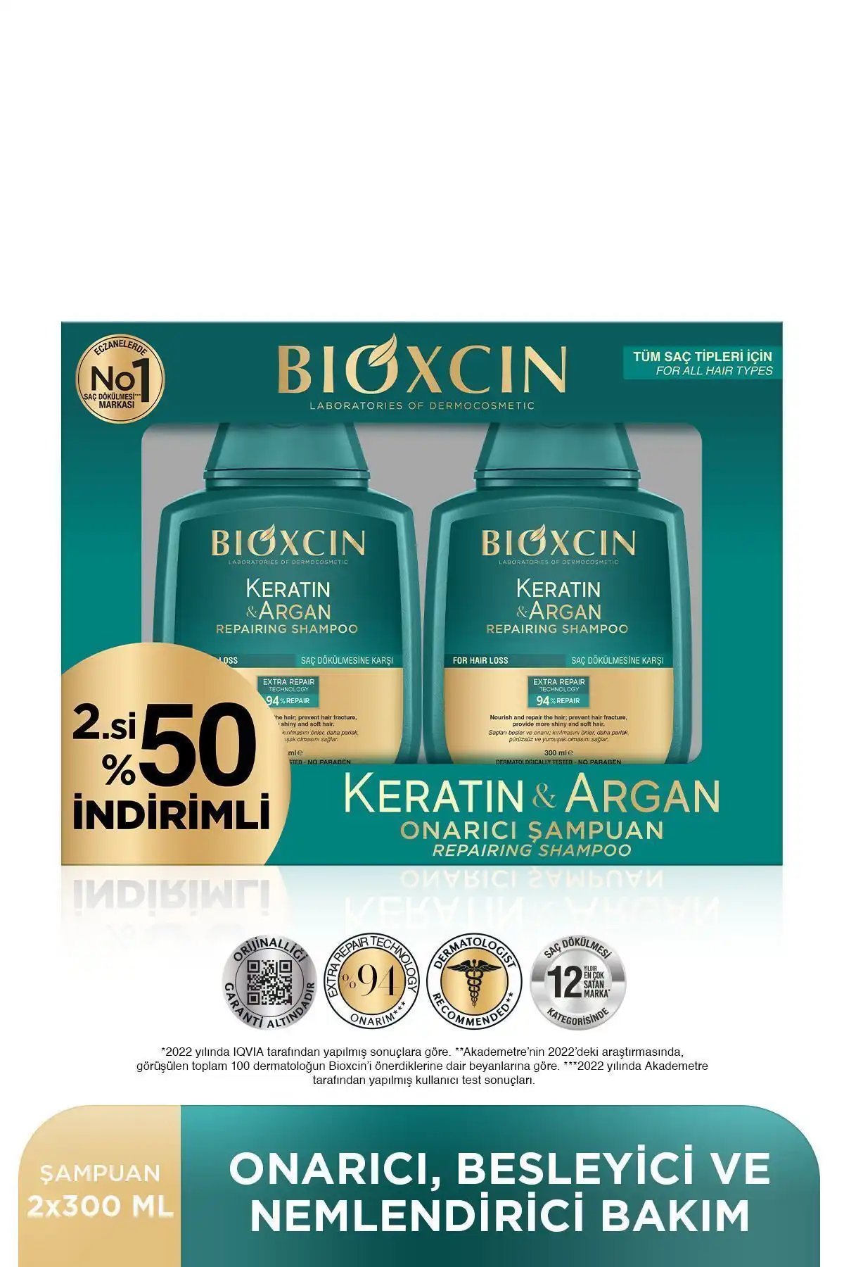 شامپو Bioxin کراتین و آرگان نمای بسته‌بندی پک دو عددی