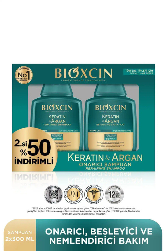 شامپو Bioxin کراتین و آرگان نمای بستهبندی پک دو عددی
