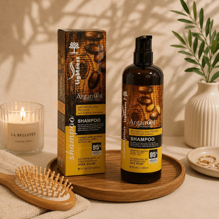 شامپو ضد ریزش لایتنس Lightness Argan & Protein | تقویتکننده و بدون سولفات حاوی آرگان | حجم 900 میل | گلاموناشاپ